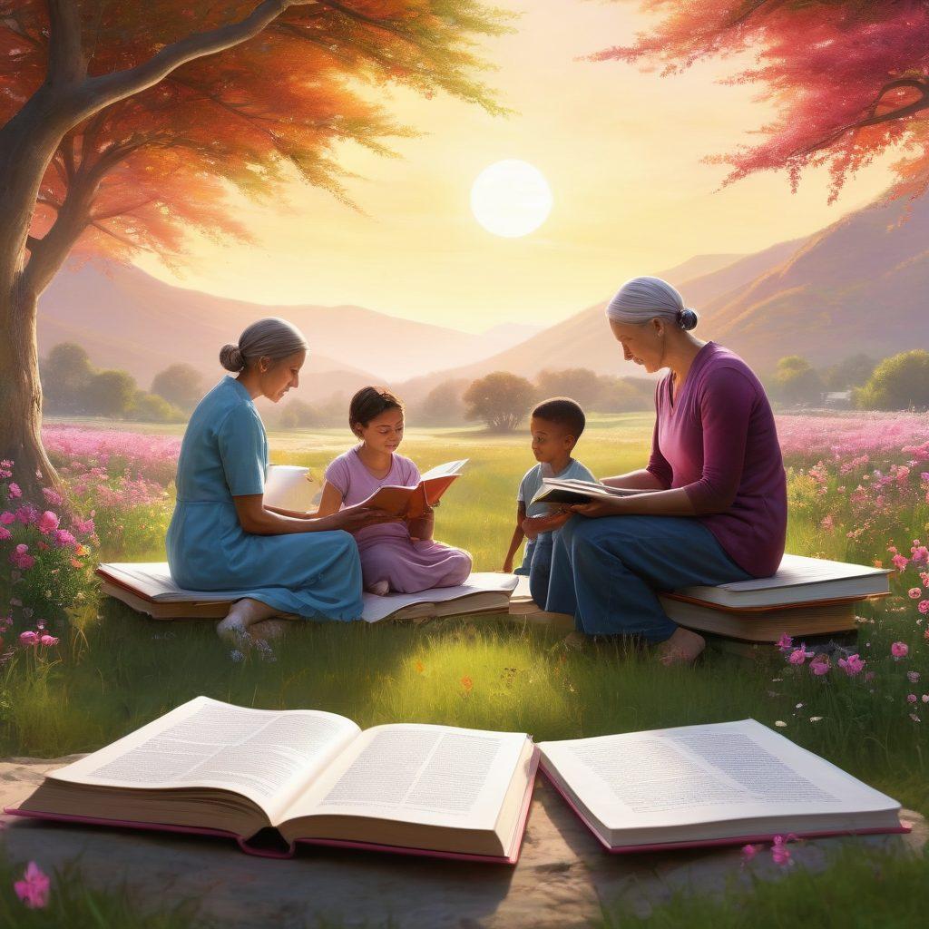 A gentle, hopeful landscape depicting patients and families together in a serene setting, surrounded by educational materials like books and pamphlets about cancer awareness. Incorporate symbolism of strength, like a rising sun or blooming flowers, alongside a diverse group of people engaging in supportive conversations. This visual should evoke empowerment and resilience. super-realistic. vibrant colors. soft background.