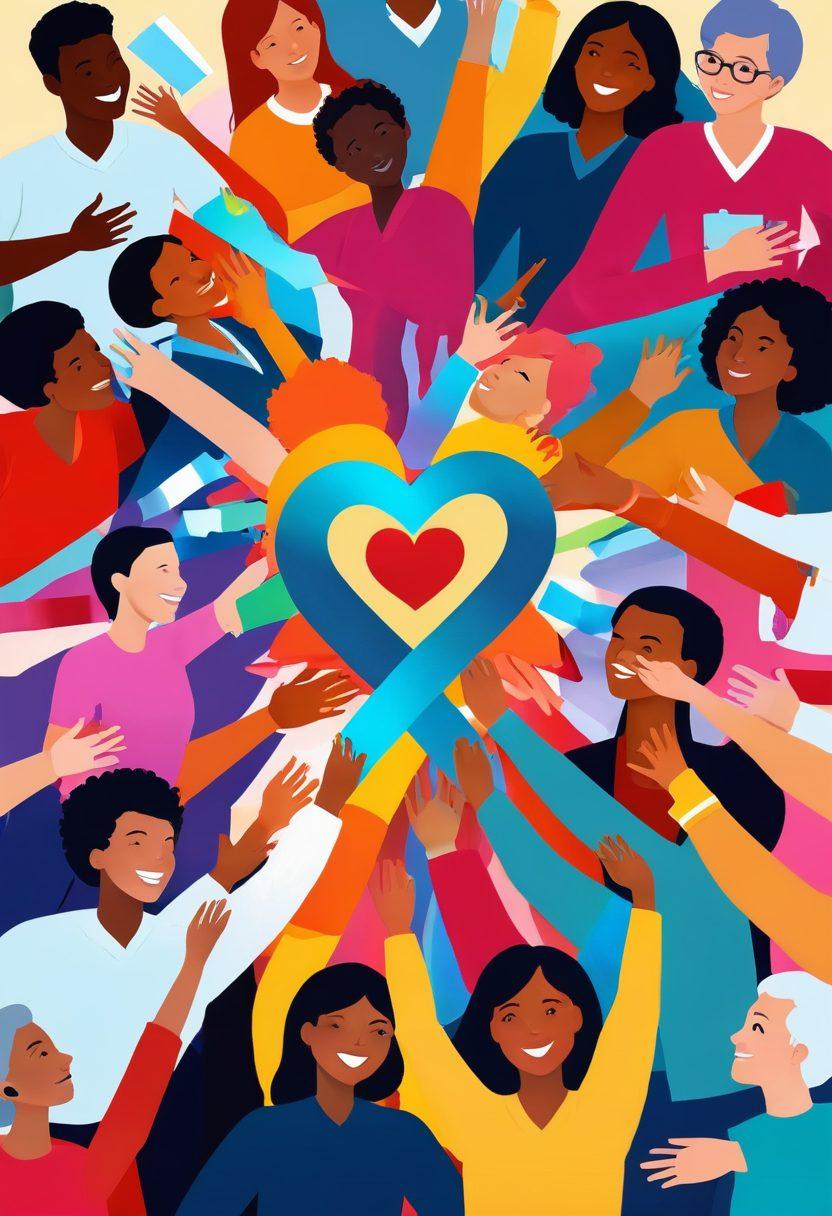 A vibrant illustration of a diverse group of people engaging in community activities surrounding tumor awareness and management. Include symbolic tools like awareness ribbons and medical supplies, blended with images of education and empowerment such as books and workshops. Capture emotion through expressions of support and teamwork. The background should reflect a sense of unity, with glowing hands and hearts. colorful vector art. bright colors. uplifting atmosphere.