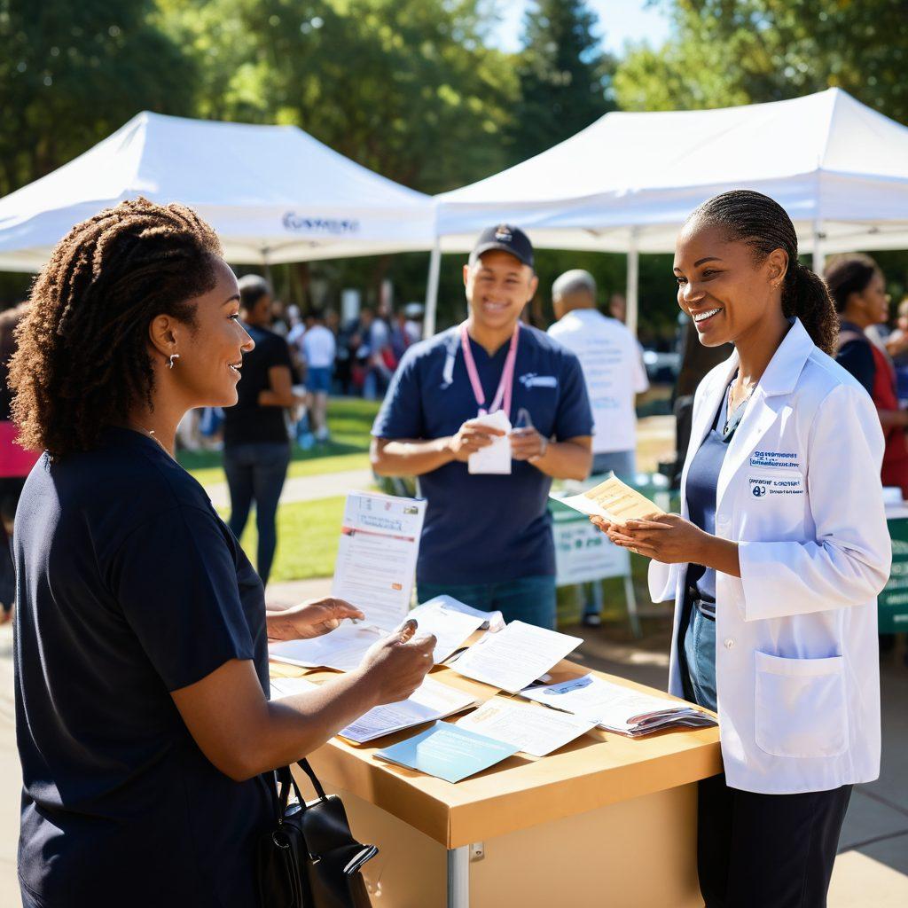 A warm, supportive community gathering with diverse individuals sharing their stories about cancer prevention. The setting is bright and inviting, showcasing resources like brochures and information booths. In the foreground, a compassionate healthcare professional is engaging with a curious participant. Gentle sunlight filters through, symbolizing hope and empowerment. super-realistic. vibrant colors. warm tones.